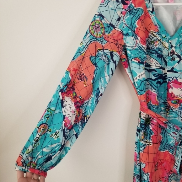 Lilly Pulitzer Silk Connie Dress X Marks the Spot Print Long Sleeve Tie Waist 2 - Picture 9 of 15